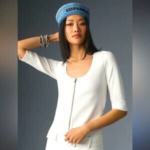 Maeve Anthropologie White Front-Zip Scoop-Neck Elbow Sleeve Top Size Large